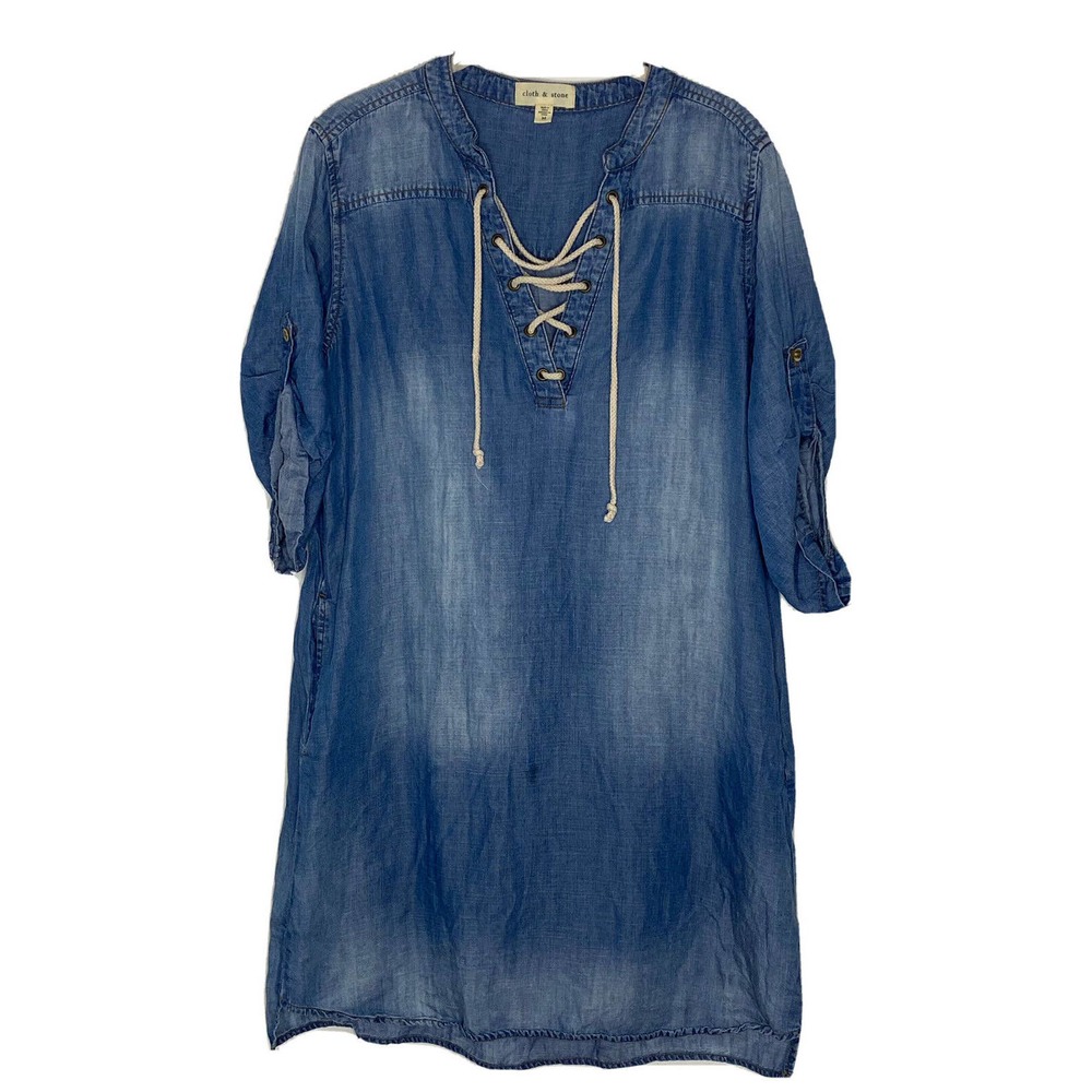 Cloth & Stone Chambray Shirt Dress Blue Roll Tab Sleeve Lace-Up V-neck Sz M